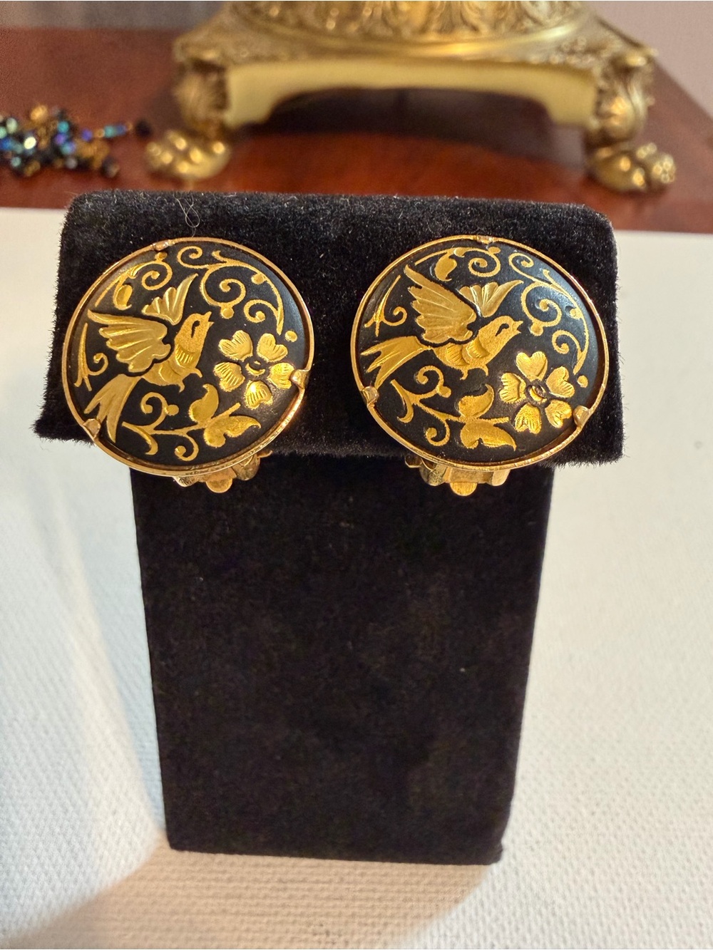Vintage Spanish Damascene Bird Floral Clip On Earrings Gold Black Toledo